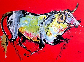 Long Shan, Le jeune taureau fond rouge - Peintures